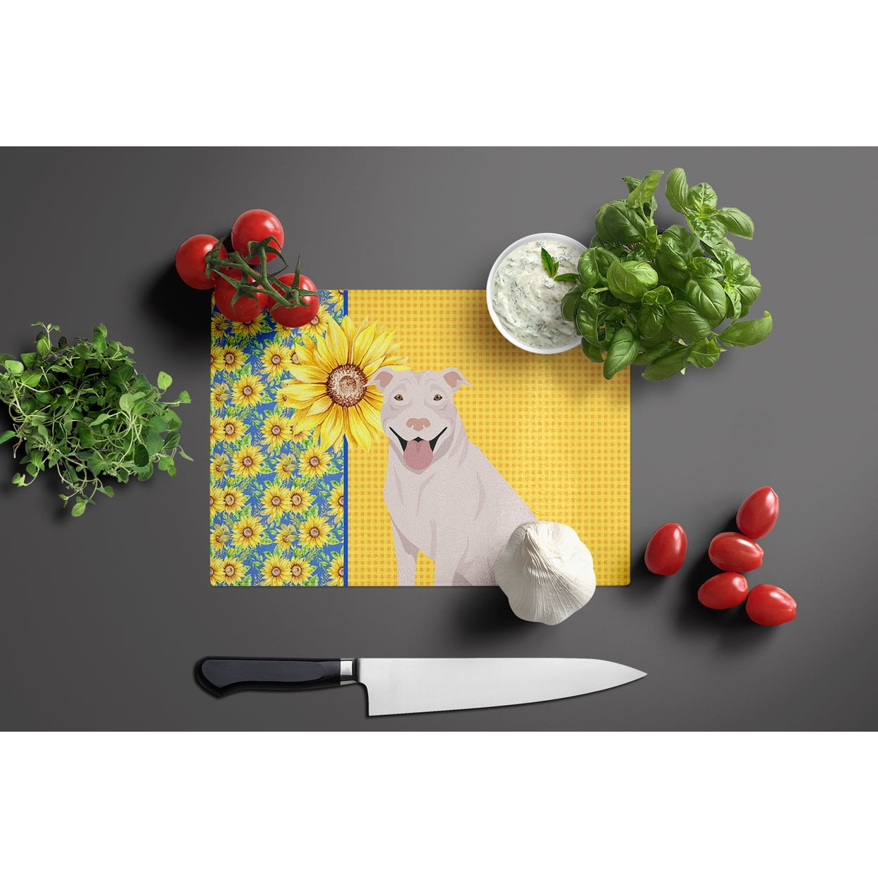 Summer Sunflowers White Pit Bull Terrier Glass Cutting Board Large 12 in x 15 in