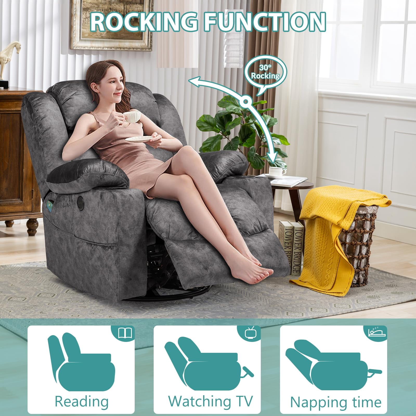 MEETWARM Massage Swivel Rocker Recliner with Heat and Vibration, Manual Glider Rocking Recliner Chair, 360°Swivel Lounge Reclining Chair with USB Ports/Cup Holder/Remote Control(Plush-Gray)