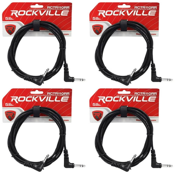4 Rockville RCTR110RR-B 10' Black 1/4" TRS Right Angle to Same Cable 100% Copper