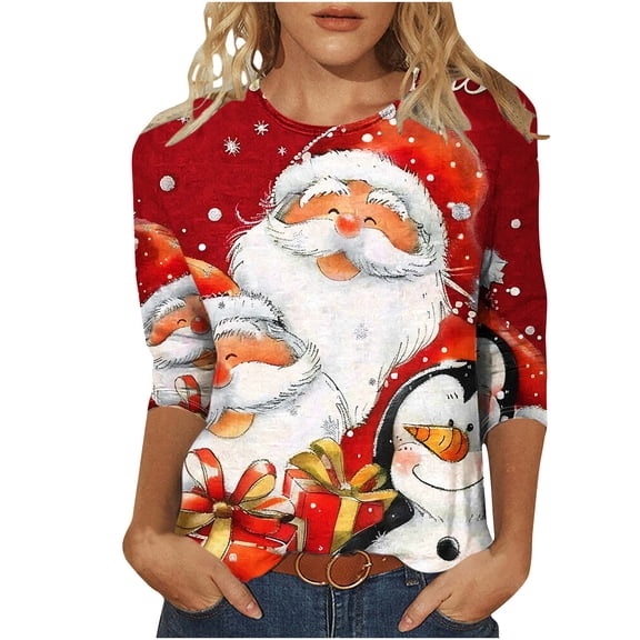 Giftesty Christmas Shirts for Women Fashion Women's Casual Christmas Print Round Neck 3/4 Sleeve T-Shirt Top Blouse