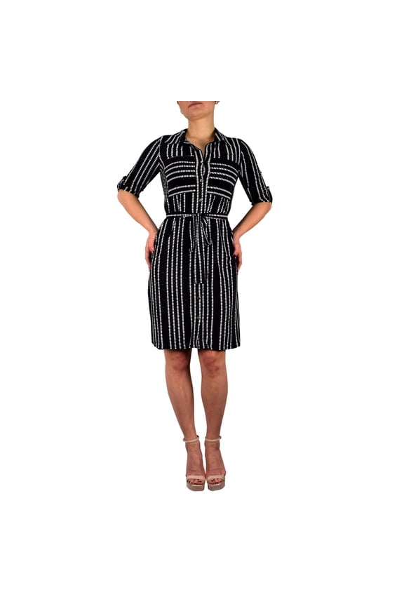 Womens Multi Pattern Button V Neck Shift Dress 3/4 Sleeves