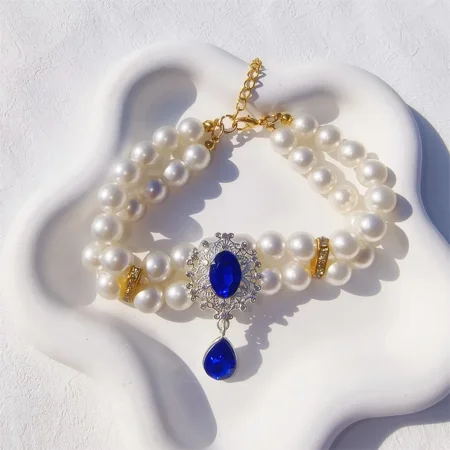1pc Luxury Double Layer Pearl Pet Necklace with Diamond Pendant Wedding Costume Dog Cat Crystal Jewelry Accessories Pet Supplies