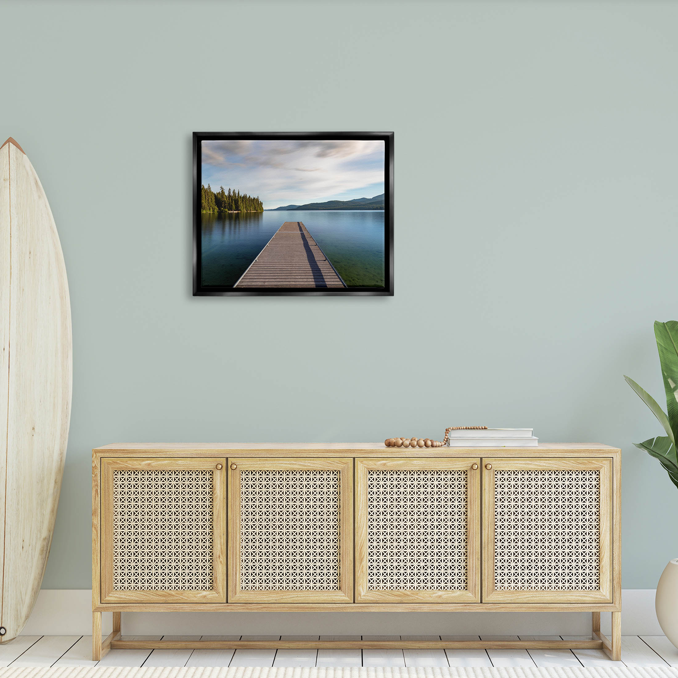 Soothing Lake Dock Mountains Landscape Photograph Jet Black Framed Art Print Wall Art