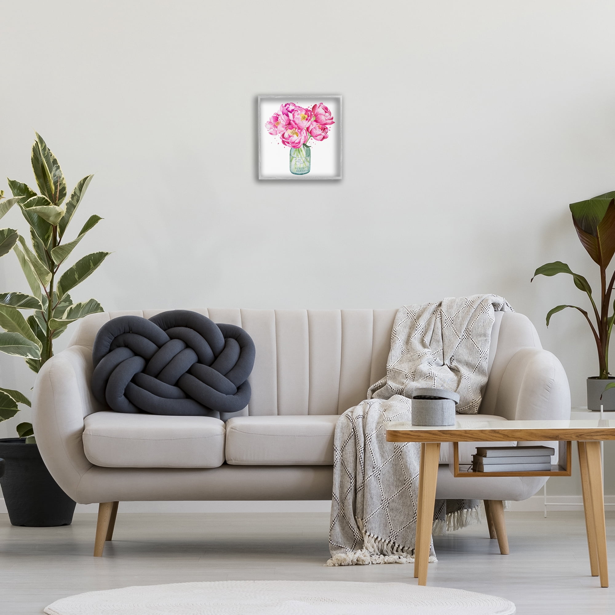 Stupell Industries Pink Peony Jar Botanical & Floral Painting Gray Framed Art Print Wall Art, 12 x 12