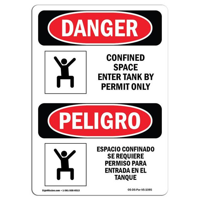 SignMission OS-DS-A-1218-VS-1085 12 x 18 Po Signe de Danger OSHA - Espace Confiné Entrer Permis de Réservoir Bilingue