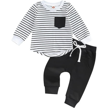 

PIKADINGNIS Toddler Baby Boy Fall Outfits Striped Long Sleeve Pocket Shirt Tops Solid Drawstring Pants 2PCS Casual Clothes Set