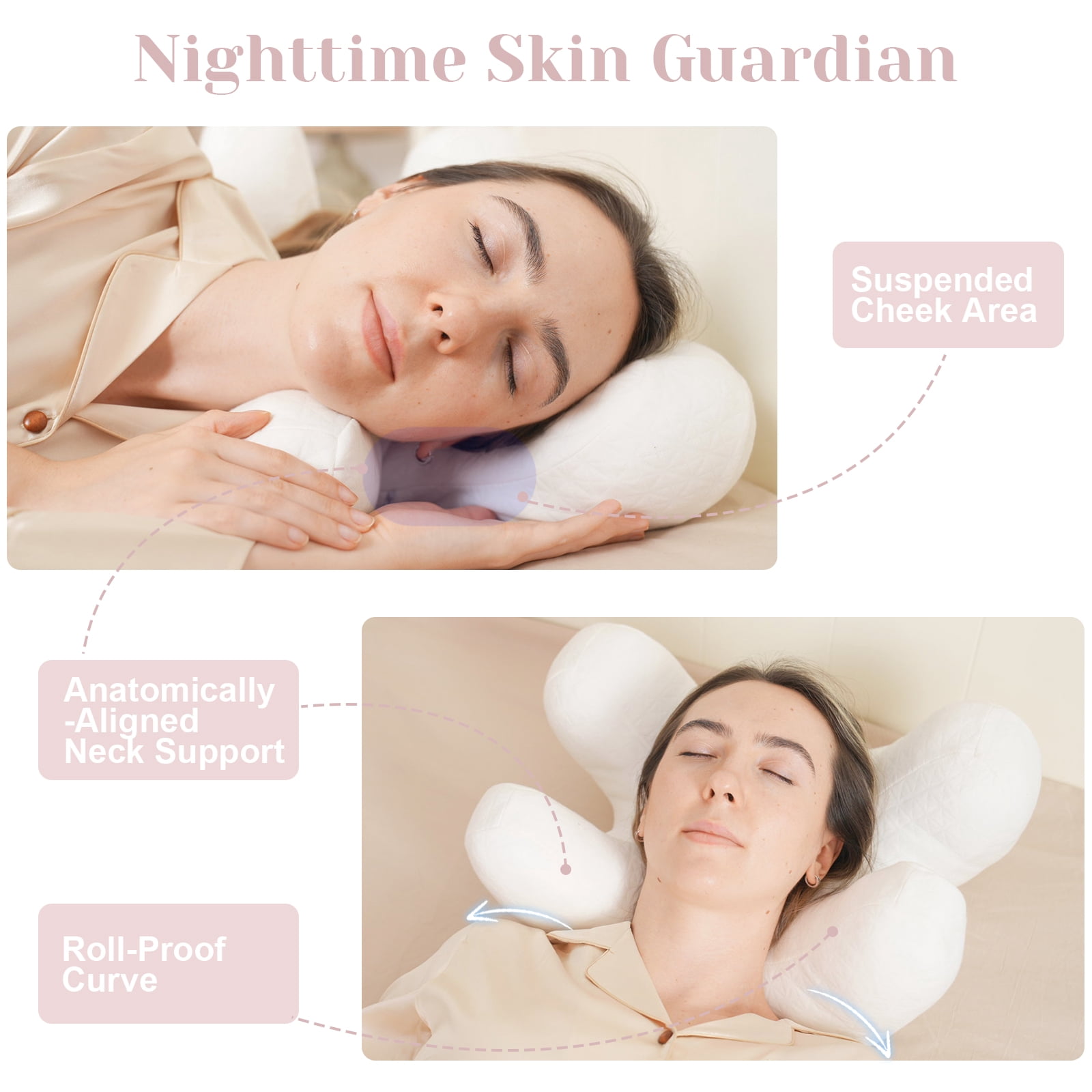 RoamReady Anti-Wrinkle Side Sleeper Pillow, Adjustable Down Alternative Beauty Pillow with Neck Pain Relief, White