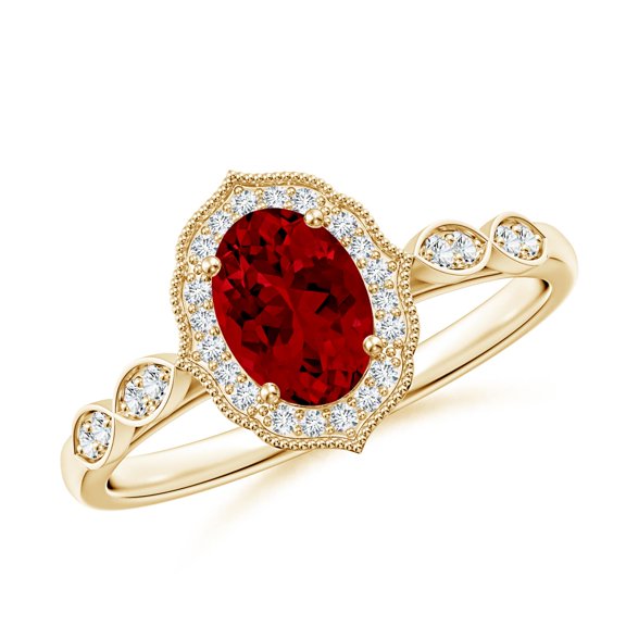 ANGARA Lab Grown 1 Ct Vintage Inspired Oval Ruby Ornate Halo Engagement Ring for Women in 14K Yellow Gold (Size-7x5mm) | July Birthstone, Anniversary, Jewelry Gift for Women | Lab-Grown Ruby Ring