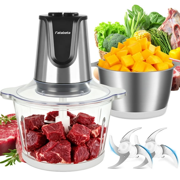 Fatabeta Food Processor, 500W Electric Food Chopper with 2 Bowls (8 Cup 8 Cup), Meat Grinder for Vegetable, Baby Food, Salsa, Includes 2 Sets of Bi-Level Blades