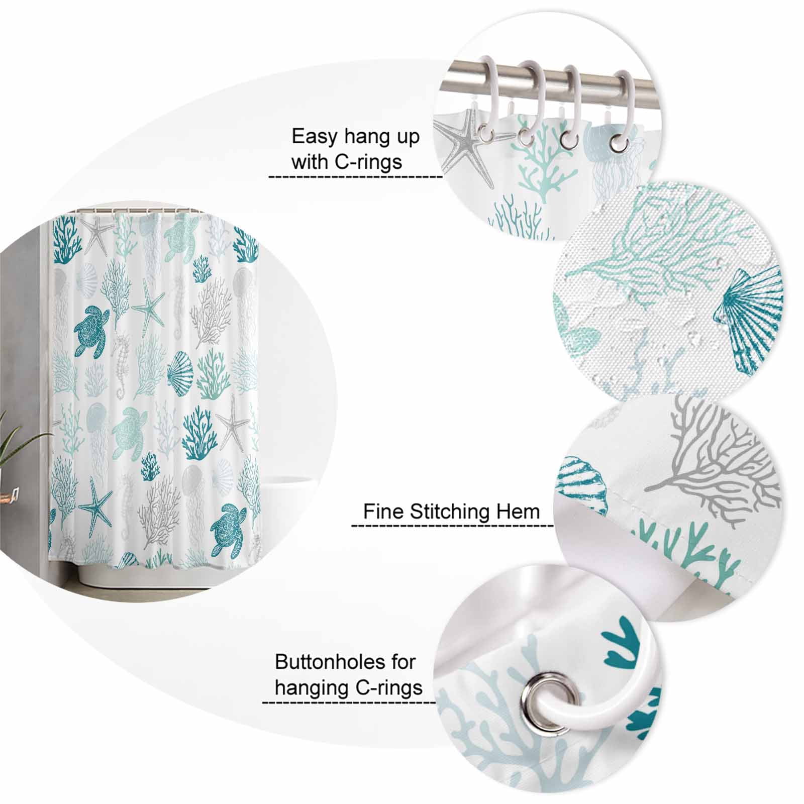 Turquoise Coastal Waterproof Fabric Shower Curtain, Nautical Summer Beach Coral Sea Turtle Shower Curtain for Bathroom Curtains Bathtubs Hotel Washable Shower Curtains with 12 Hooks Stall 48x72in