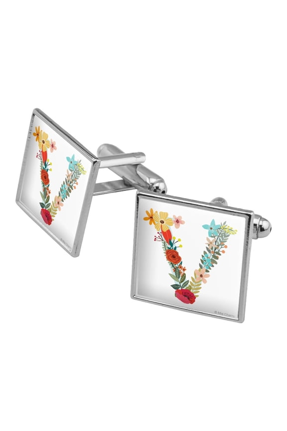 Letter V Floral Monogram Initial Square Cufflink Set - Silver or Gold