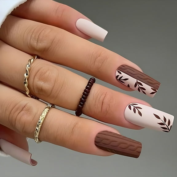 24x 3D False Nail Medium Coffin Press On Nail Leaves Stick on Nail for Woman