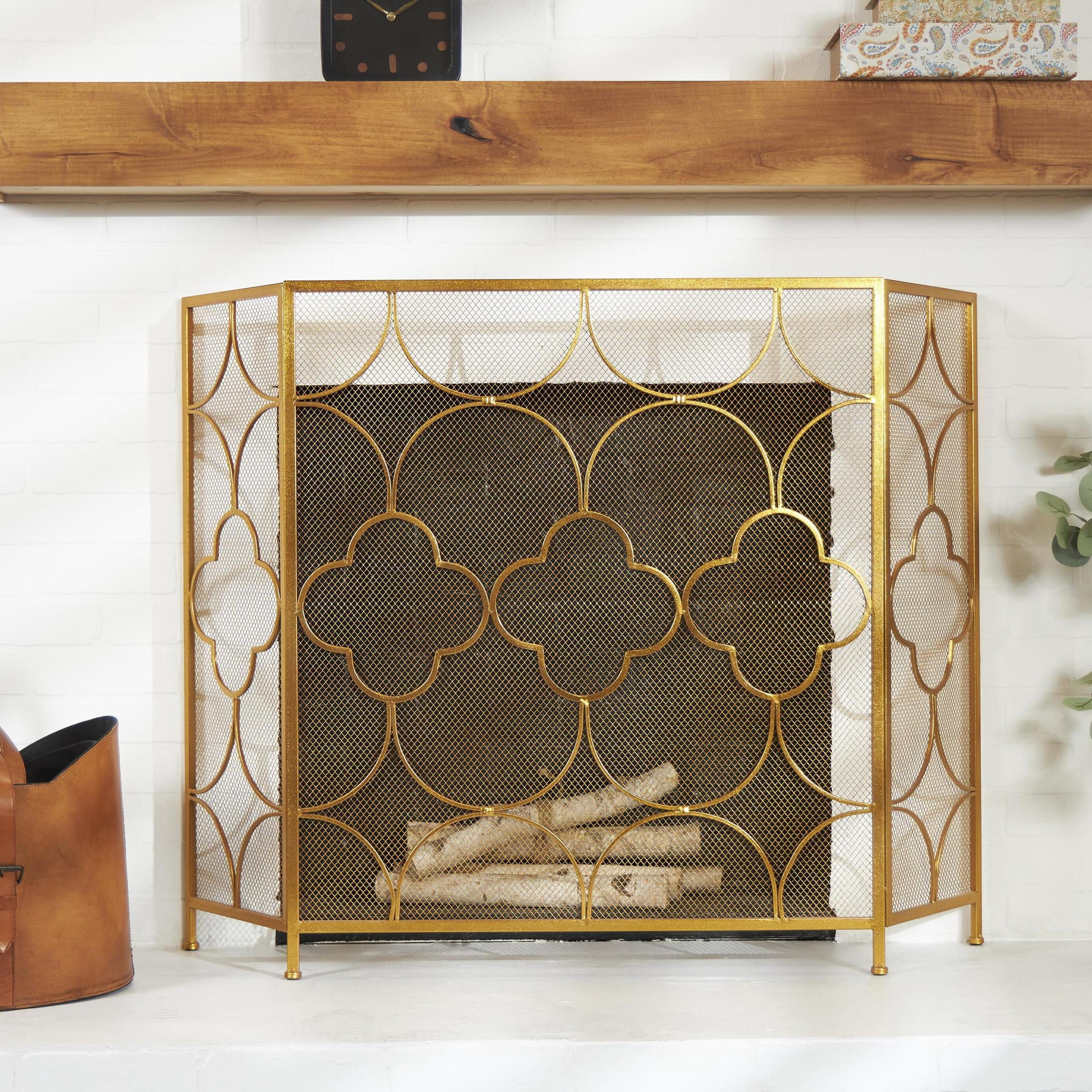 DecMode Elegant and Contemporary Geometric Designed Mesh Metal Fireplace Screen, 50"L x 35"H, Copper Frame