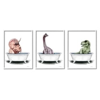 Stupell Fun Dinosaurs Bathroom Tubs Animals & Insects Painting White Framed Art Print Wall Art, Set of 3