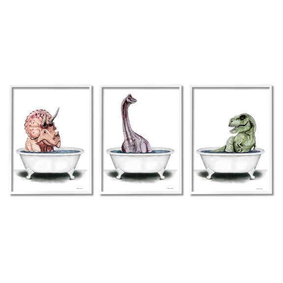 Stupell Fun Dinosaurs Bathroom Tubs Animals & Insects Painting White Framed Art Print Wall Art, Set of 3