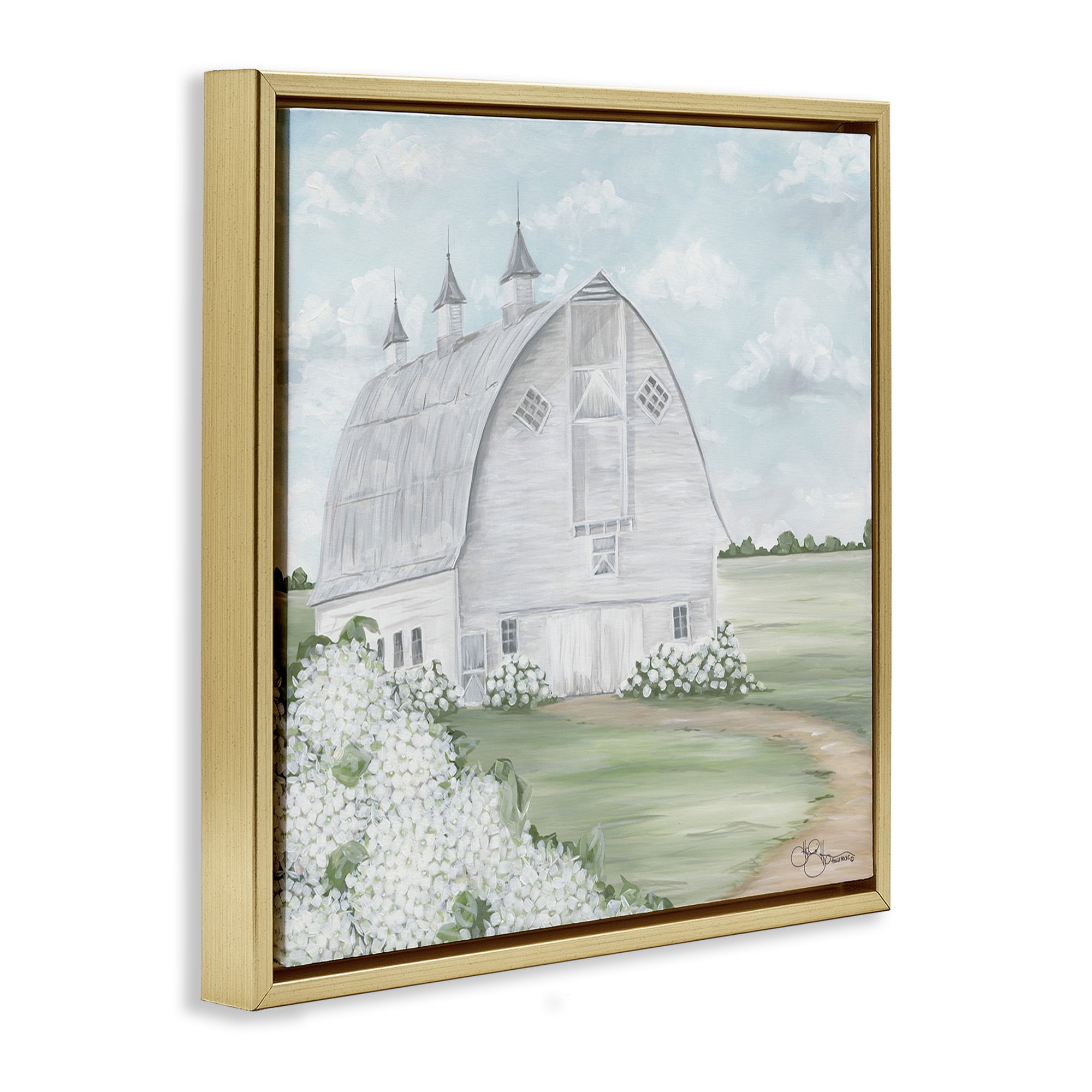 Stupell Industries Soft Country Landscape with Hydrangeas Landscape Painting Gold Floater Framed Canvas Art Print Wall Art, 18 x 18
