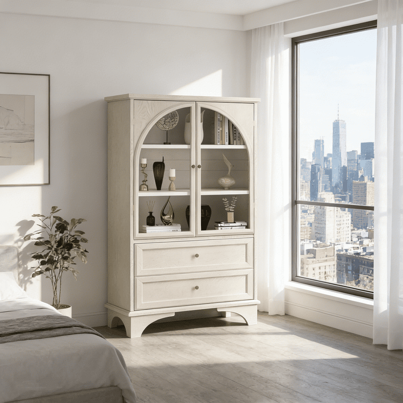 Aisword 52.17"H Arched Glass Door Curio Cabinet with 2 Drawers & Adjustable Shelf, Display Storage Cabinet for Living Room,Bedroom,Office,Vintage White