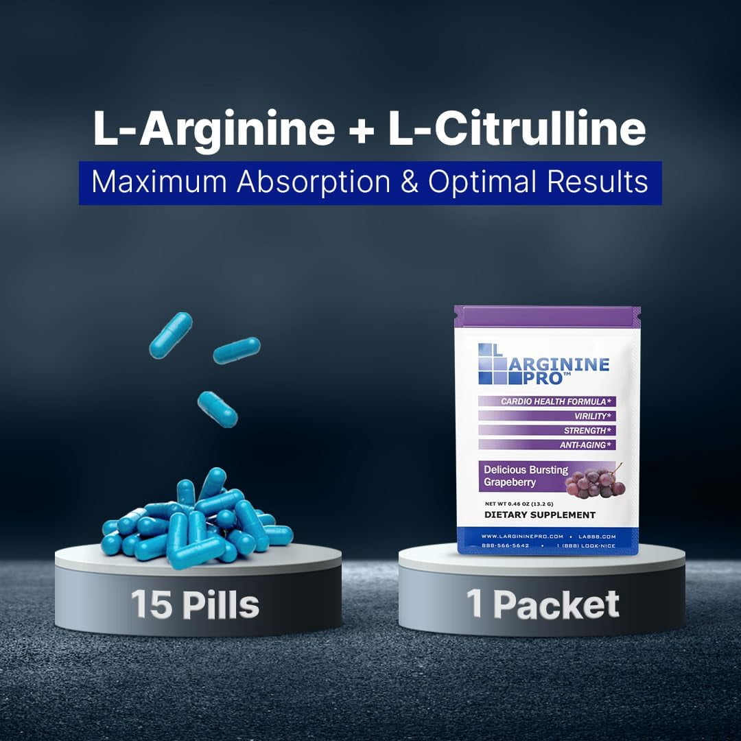 L-Arginine Pro Heart Health Powder - 5500mg L-Arginine, 1100mg L-Citrulline Cardio Health, Grape/Orange/Raspberry  3 Pack (Total 90 Packets)