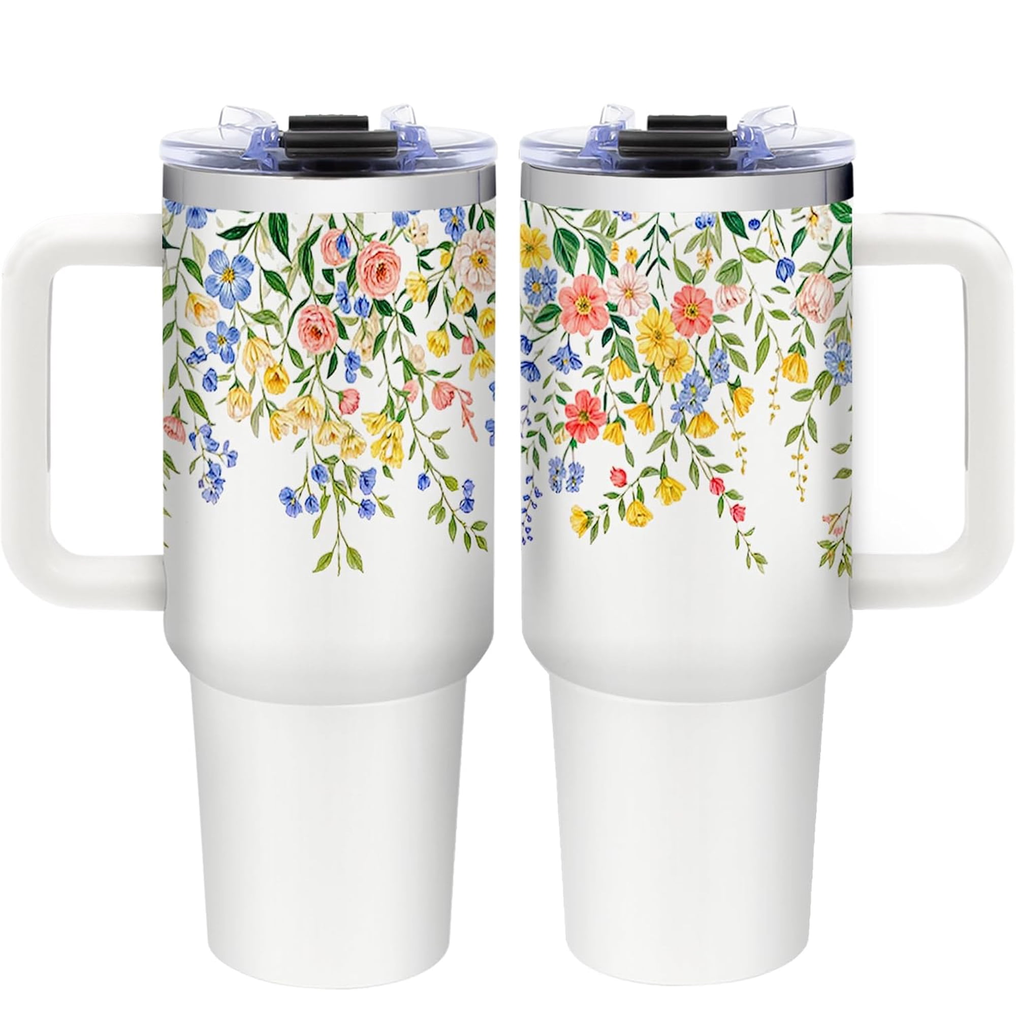 Floral Tumbler with Handle - 40oz Stainless Steel Travel Mug Insulated Coffee Cup, Floral Birthday Gifts for Women, Flowers Girl Birthday Gift Ideas (with Lid and Straw)