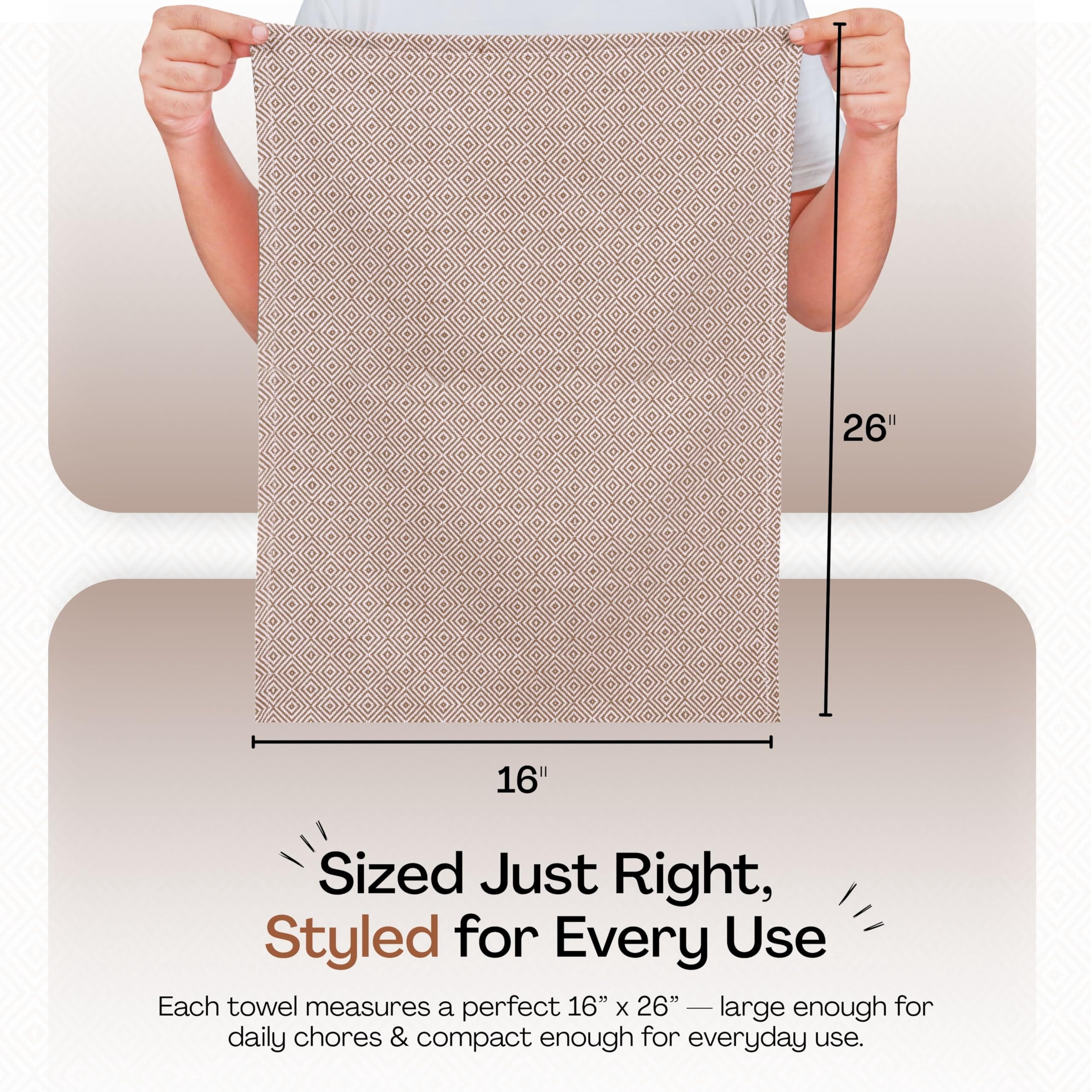 HEIRLOOM COMFORT Brown Dish Towels 3 Pack, Ultra Absorbent, 16"x26", Diamond Weave Towel Set, Reusable, Durable, Quick Dry Cotton Kitchen Towels for Cleaning Counters, Drying Dishes, Everyday Cleanup