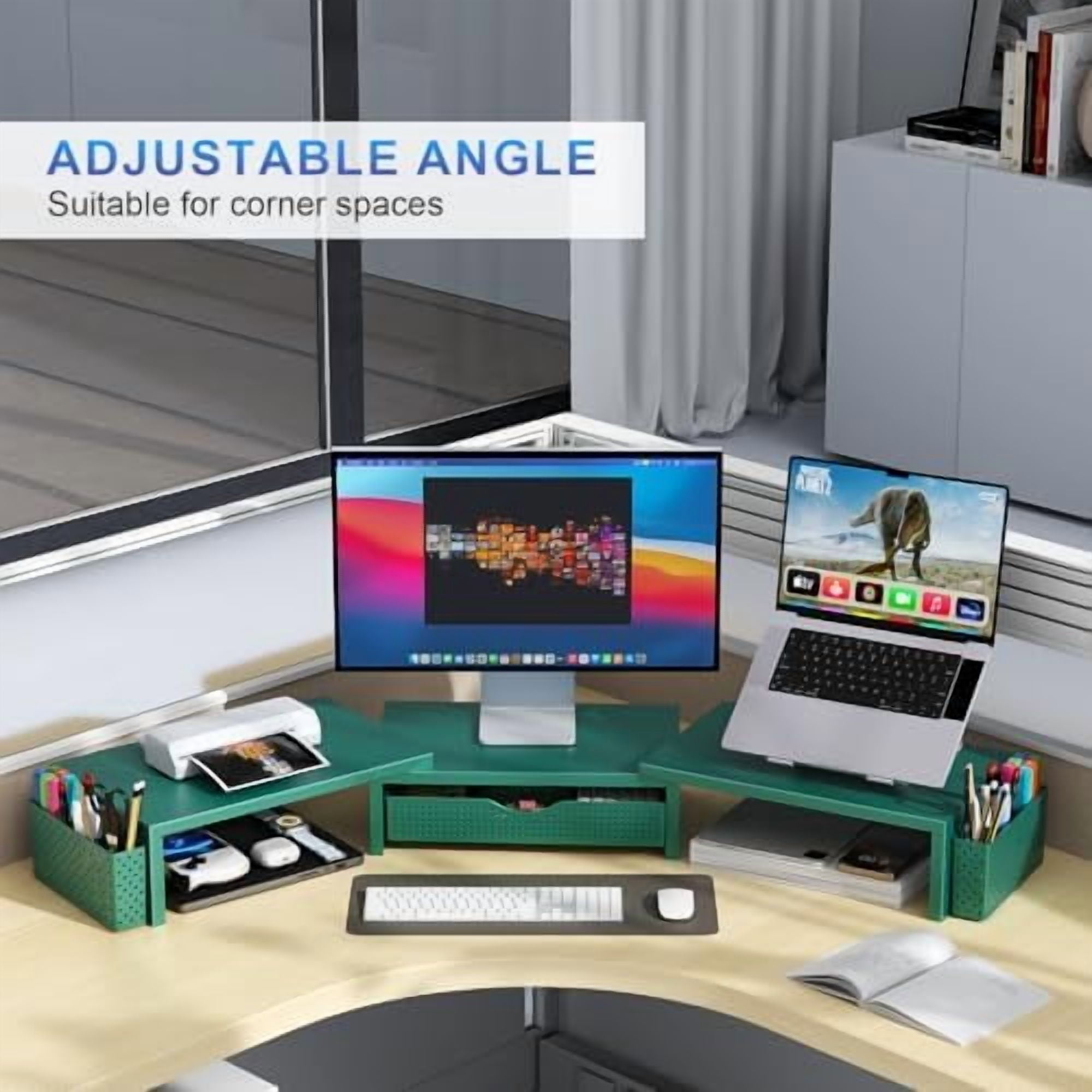 Dual Monitor Stand Riser, Desk Organizer With Drawer and 2 Pen Holders, Monitor Stand for Desk, Office Decor Essentials (Green)