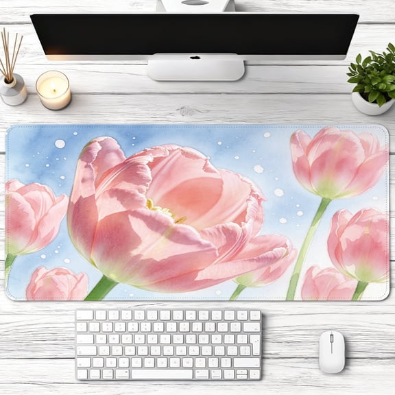 watercolor blooming pink tulip flowers Mouse Pad，Non Slip Rubber Pad，Desktop Decoration Drotection Pad，Washable，Lock Edge Multi Size，Mousepad For Office，Home