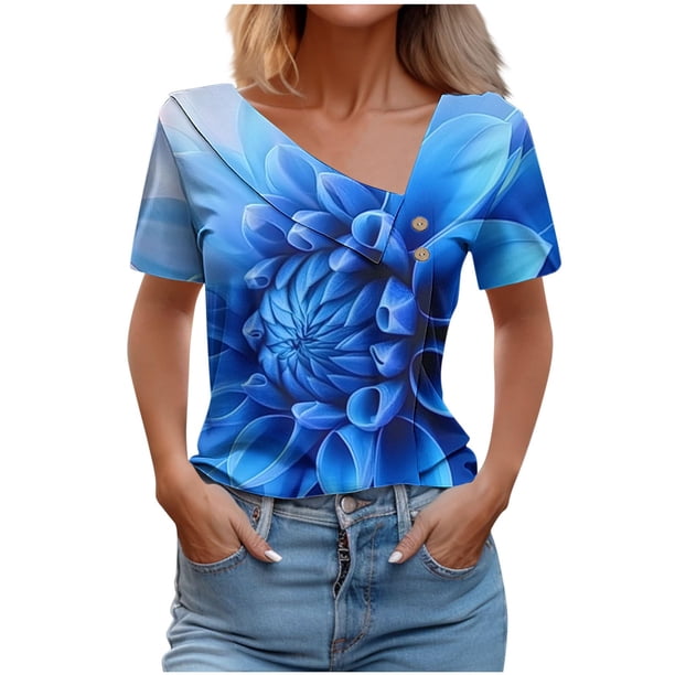 Top de Verano de las Mujeres, Cuello en V Moda Casual de Manga Corta Blusa, Primavera Y Verano Ligero Top