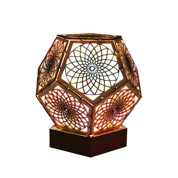 GiLiling Wooden Bohemian Floor Lamp, Colorful 3D Projection Hollow Lamp, USB Geometric Retro Floor Decorative Lamp, LED Night Light for Living Room Home Decor Desktop Small Book Light