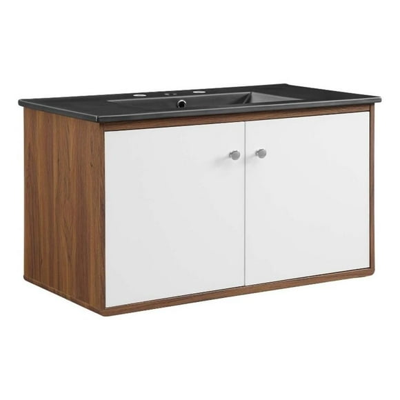 Pemberly Row 36" Modern Wood Wall-Mount Bathroom Vanity in Walnut/White
