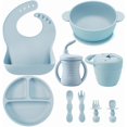 thumbnail image 1 of - Juego de alimentación de silicona para bebé, 9 piezas, suministros de dtete LED para bebé, utensilios de alimentación automática, placa de succión dividida, baberos, taza para beber con, 1 of 5