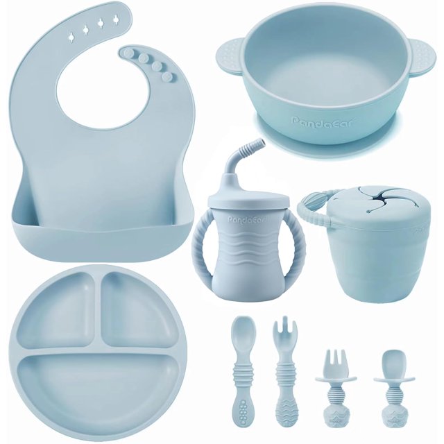 - Juego de alimentación de silicona para bebé, 9 piezas, suministros de dtete LED para bebé, utensilios de alimentación automática, placa de succión dividida, baberos, taza para beber con
