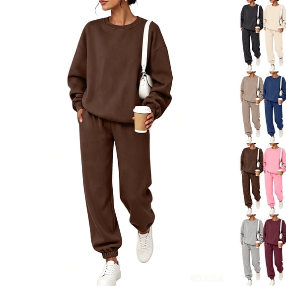 Women 2 Piece Outfits Fall Sweatsuit Lounge Set | Long Sleeve Drop Shoulder Crewneck Sweatshirt,Wide Leg Sweatpants,Casual Tracksuit,Winter Vacation Travel Outfits Coffee XL