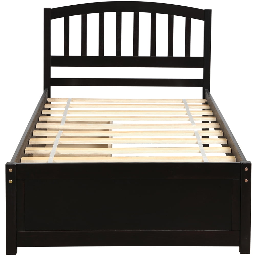 Veryke Solid Wood Twin Size Platform Bed Frame with 2 Storage Drawers and Headboard in Espresso