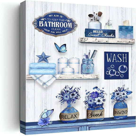 LAMIRO Farmhouse Bathroom Decor Wall Art Rustic Flower and Butterfly Bathroom Pictures Canvas Print Blue Country Bathroom Wall Decor Soak Relax Unwind Bathroom Wall Art Framed Ready To Hang 12"x16"