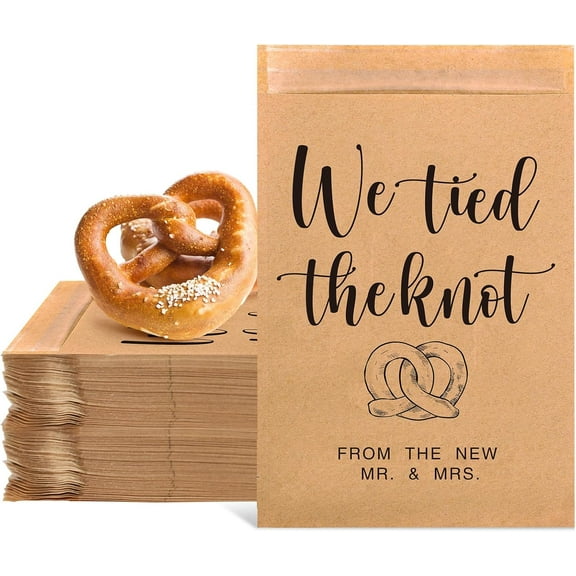 50Pcs Wedding Favor Candy Buffet Bags We Tied The Knot Soft Pretzel Bag Self Adhesive Kraft Treat Cookie Bag for Guest Gift Wrapping Bridal Shower Party Favor Supplies, 5.1 x 7.1 Inch