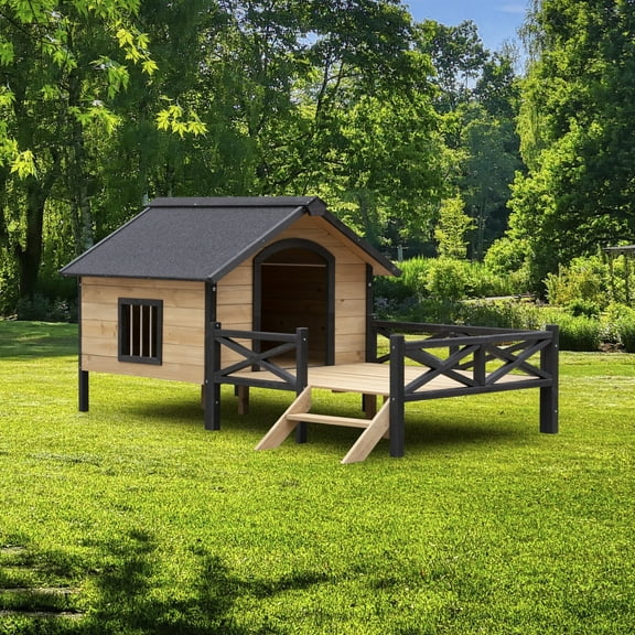 67" Outdoor Large Dog House, Modern Wooden Cabin House Style Dog Kennel with Porch, Outdoor Dog Shelter for Medium, Large Dog Breeds, Backyard, Garden, Yellow Brown