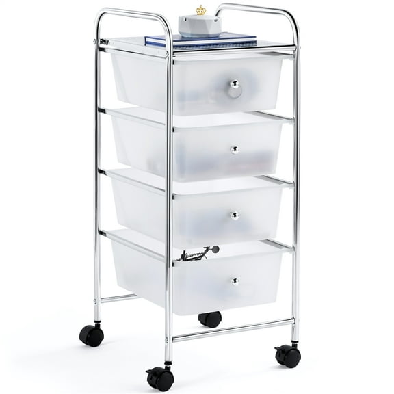 Yaheetech 4 Drawers Rolling Cart Storage Bin Organizer Plastic Drawers with Metal Frame, White