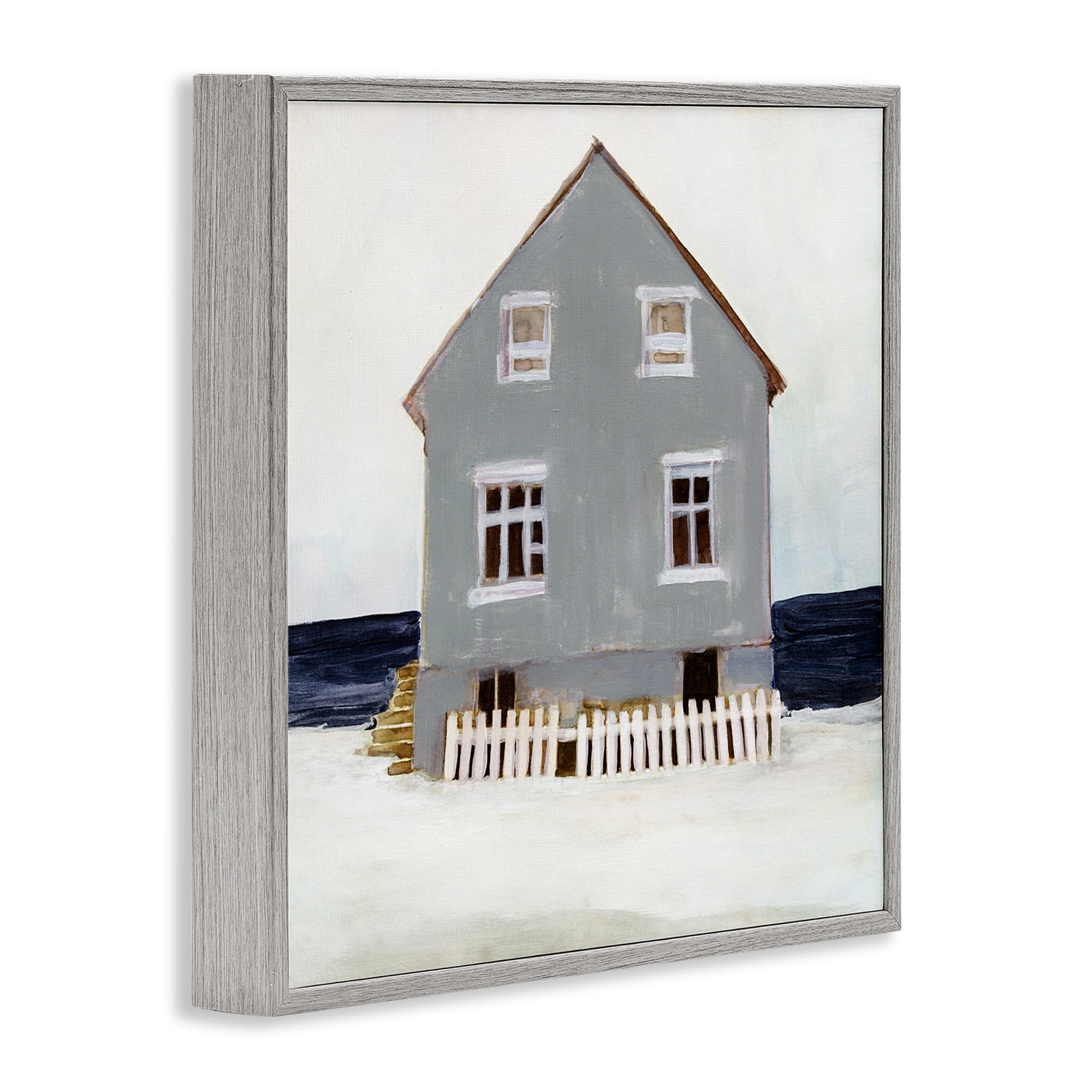 Stupell Industries Winter Beach House Landscape Nature Painting Gray Framed Art Print Wall Art, 24 x 24