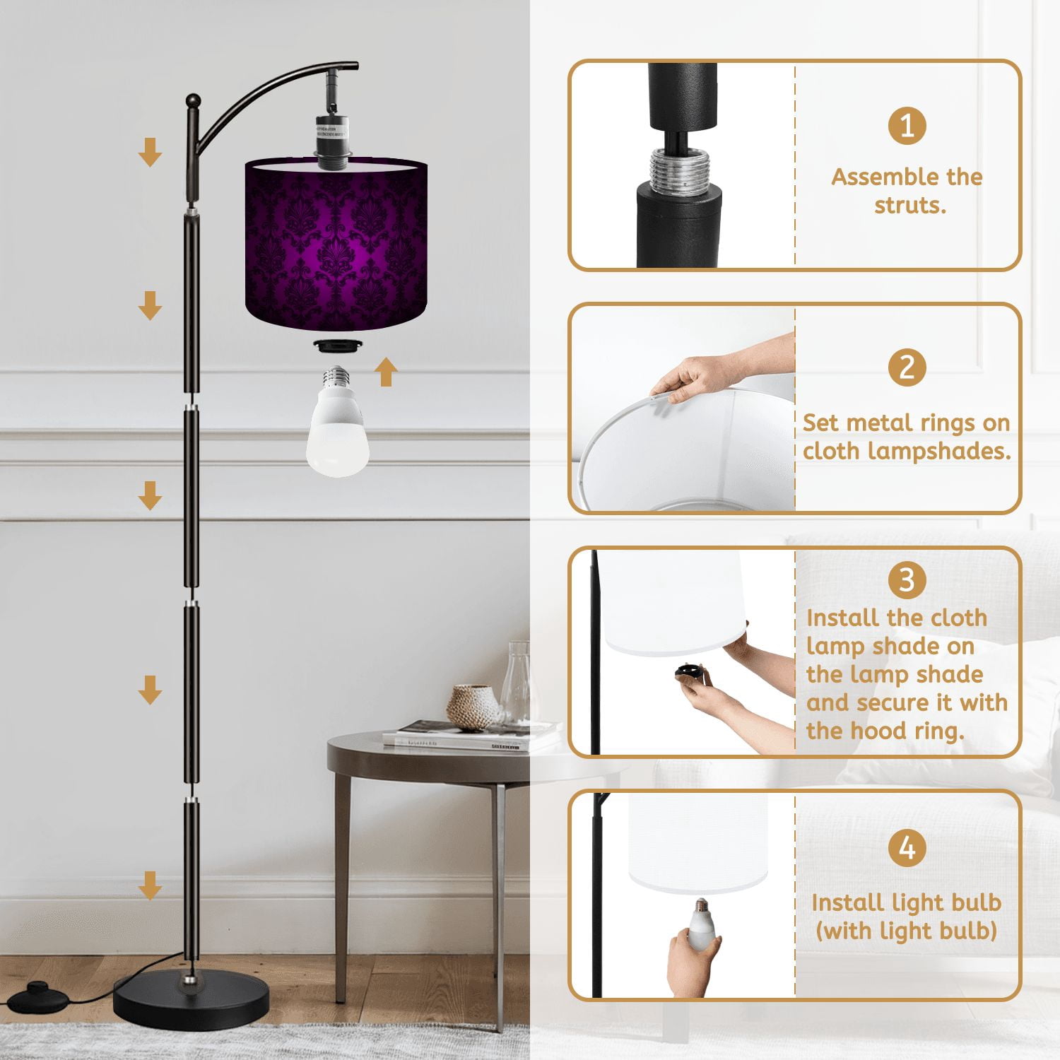 Arc Floor Lamp Royal vintage Gothic dark purple black Royal Tall Modern Standing Lamp LED Adjustable Linen Lampshade 3 Color Temperatures