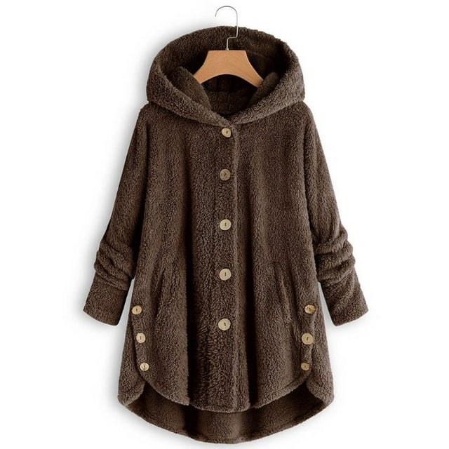 Veste Femme Mode Bouton Laine Moelleuse à Capuche Veste Ample Hiver Chaleur Grande Taille