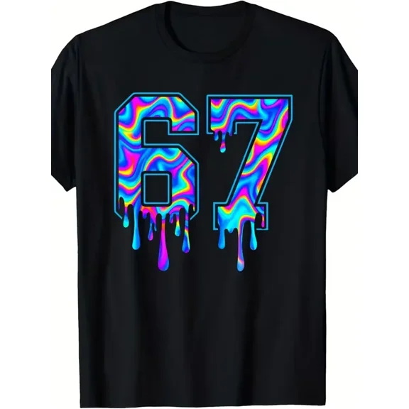 Vibrant Psychedelic Dripping Number 67 Unisex Short Sleeve Graphic T-Shirt