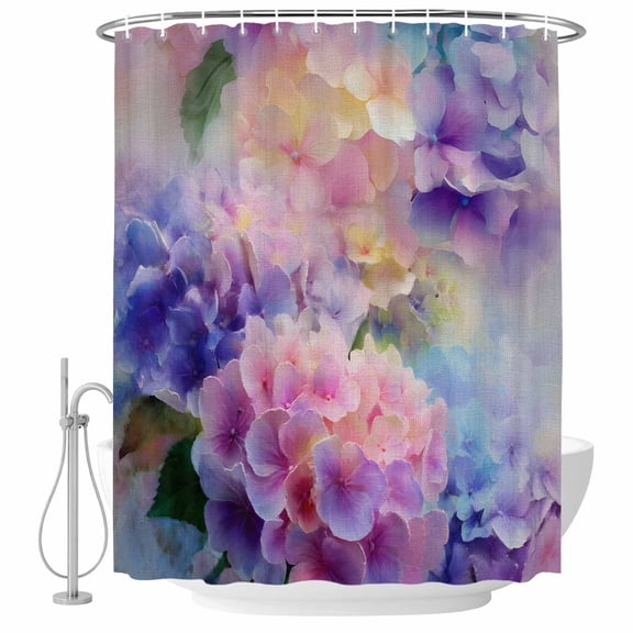 Pink Purple Flower Bathroom Shower Curtains with Hooks, Hydrangea Leaf Gradient Watercolor Vintage Waterproof Fabric Washable Shower Curtain for Home Hotel Bathtub Decor 60x72 Inch