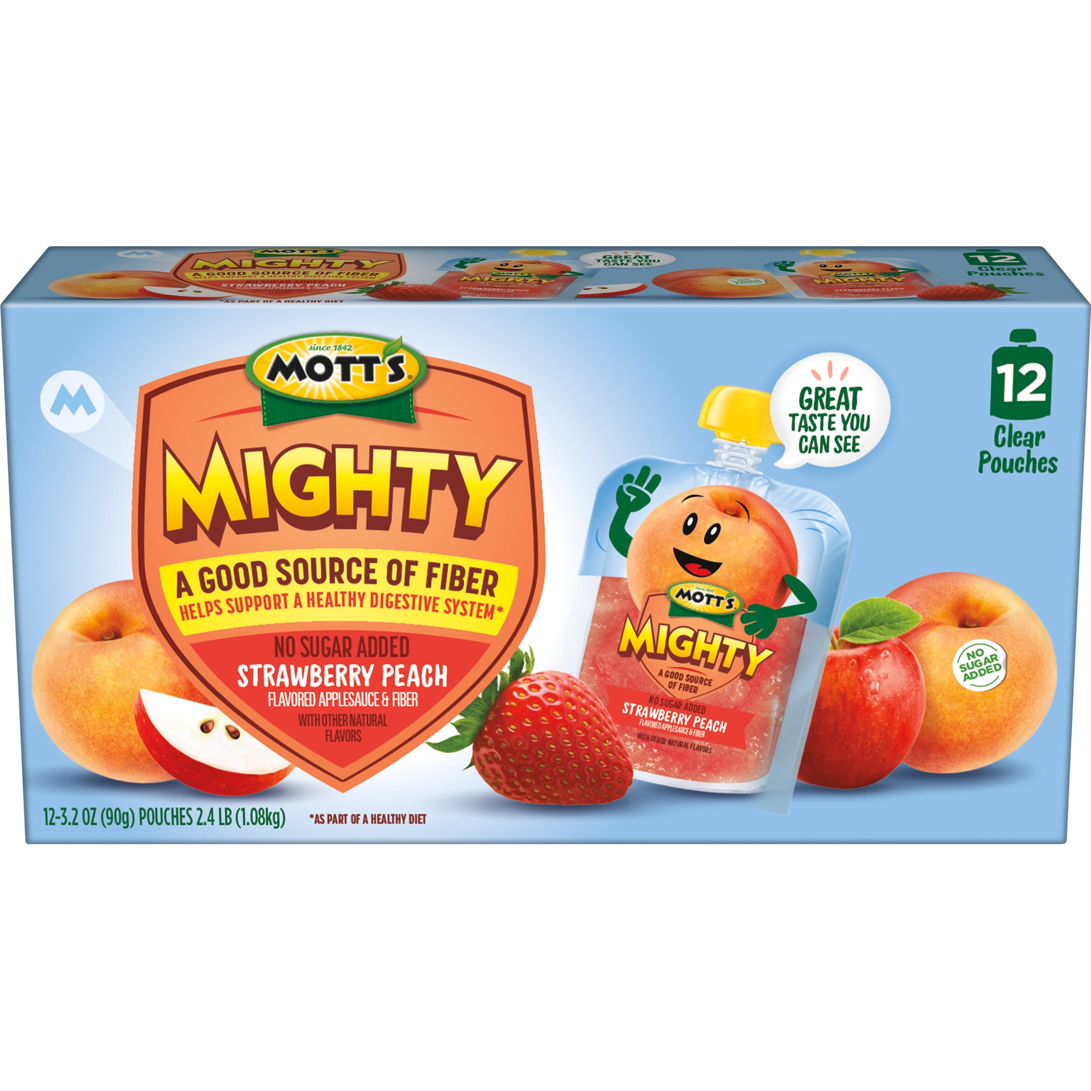 Mott's Mighty Strawberry Peach Applesauce, 3.2 oz, 12 Count Clear Pouches