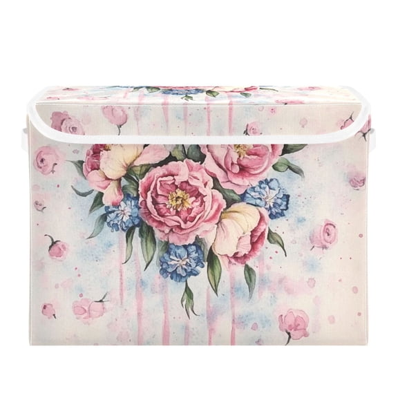 Watercolor Pink Art Flowers Large Storage Bins with Linen Collapsible Lid Storage Box 16.7 x 12.6 x 11.8in