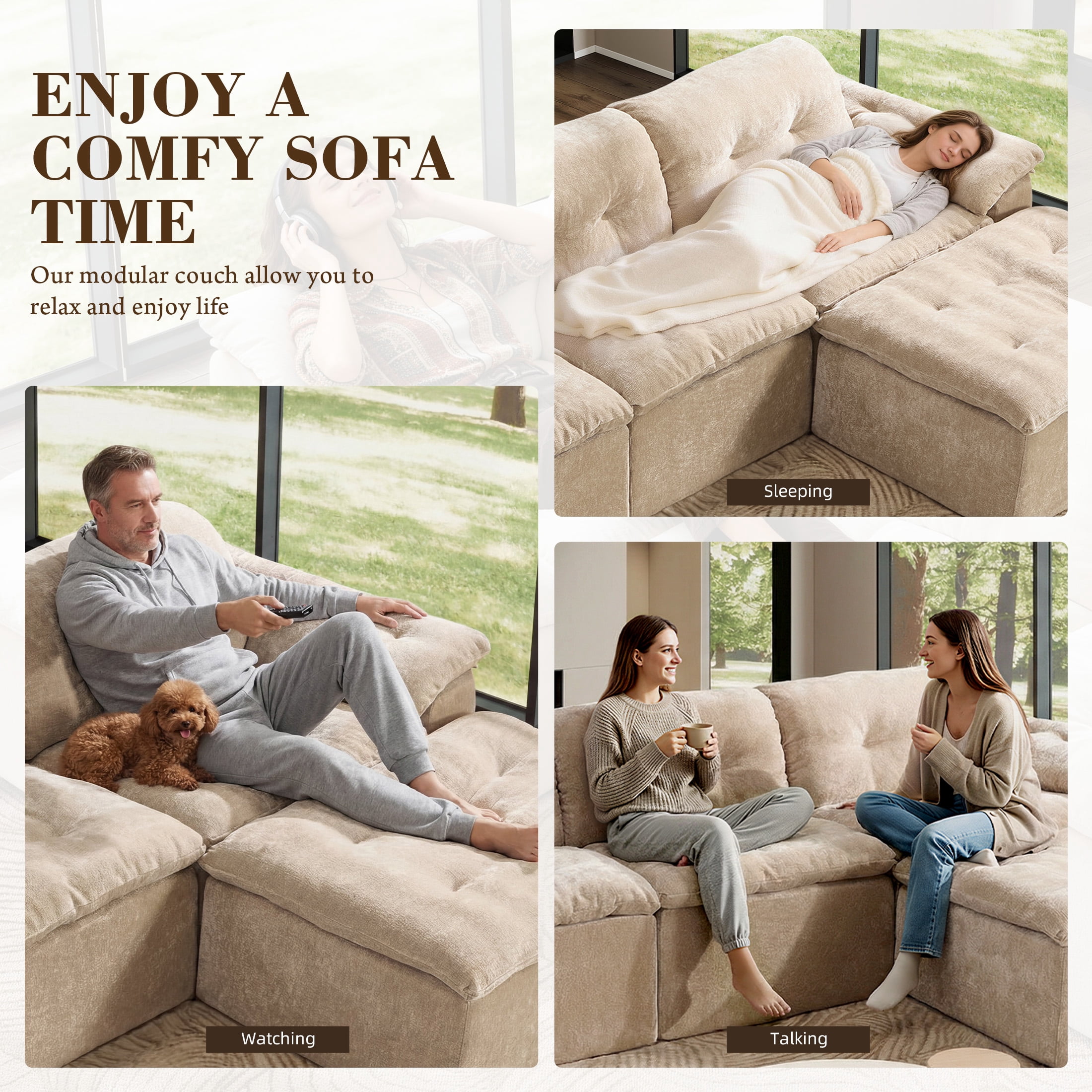 Aukfa 4-Piece L-Shaped Modular Sectional Sofa with Ottoman for Living Room, Ice Flower Chenille, Tam