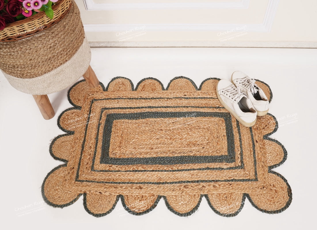 Hand Braided Beige and Grey Color Scalloped Area Rug Rectangle Rug Natural Jute Rug