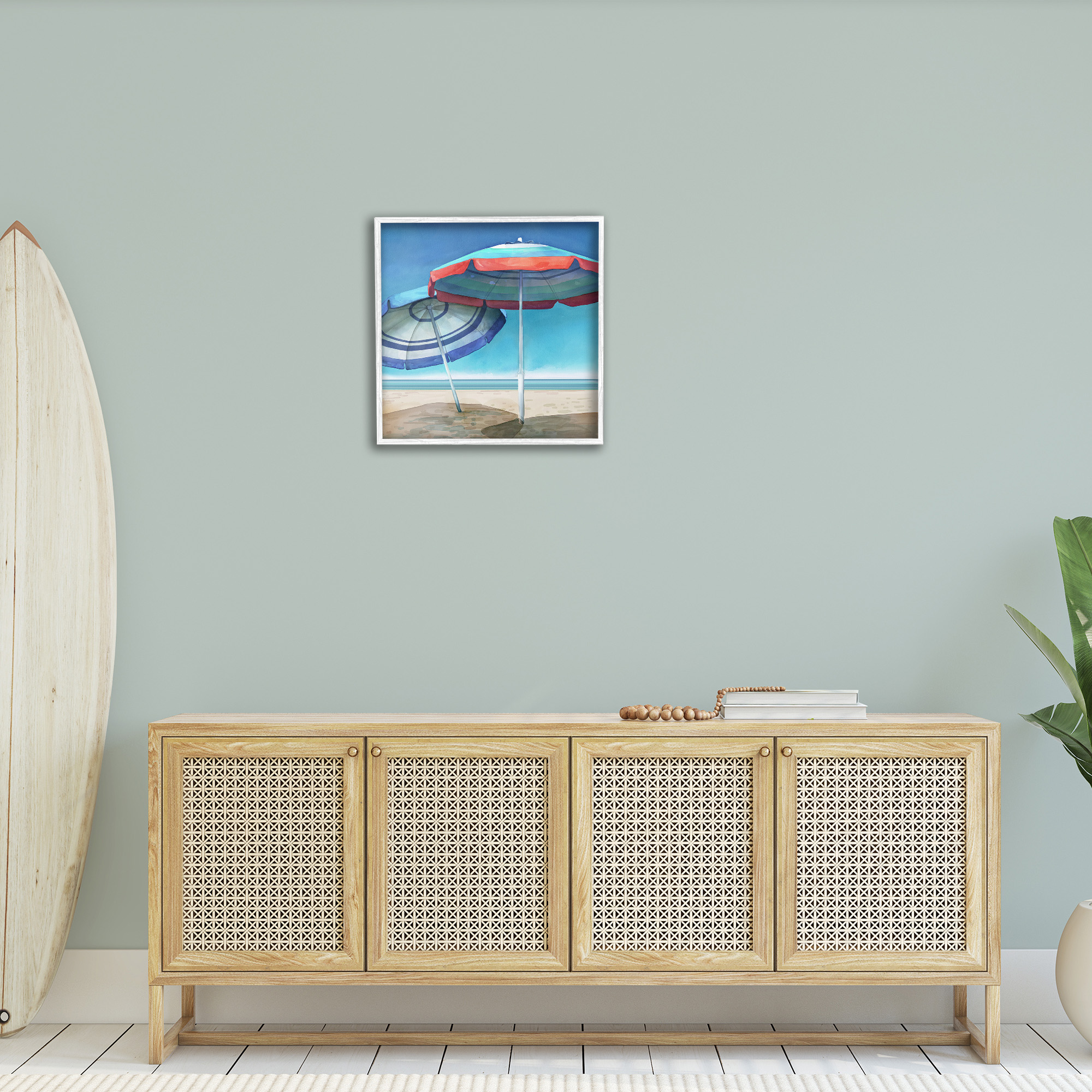Stupell Industries Beach Umbrella Shadows Landscape Painting White Framed Art Print Wall Art, 24 x 24