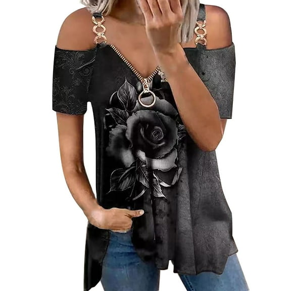 JINMGG Womens Plus Size Clearance $5 Women Pirnt V-neck Short Sleeve Strapless T Shirt Polluver Blouse Tank Tops Gray XL