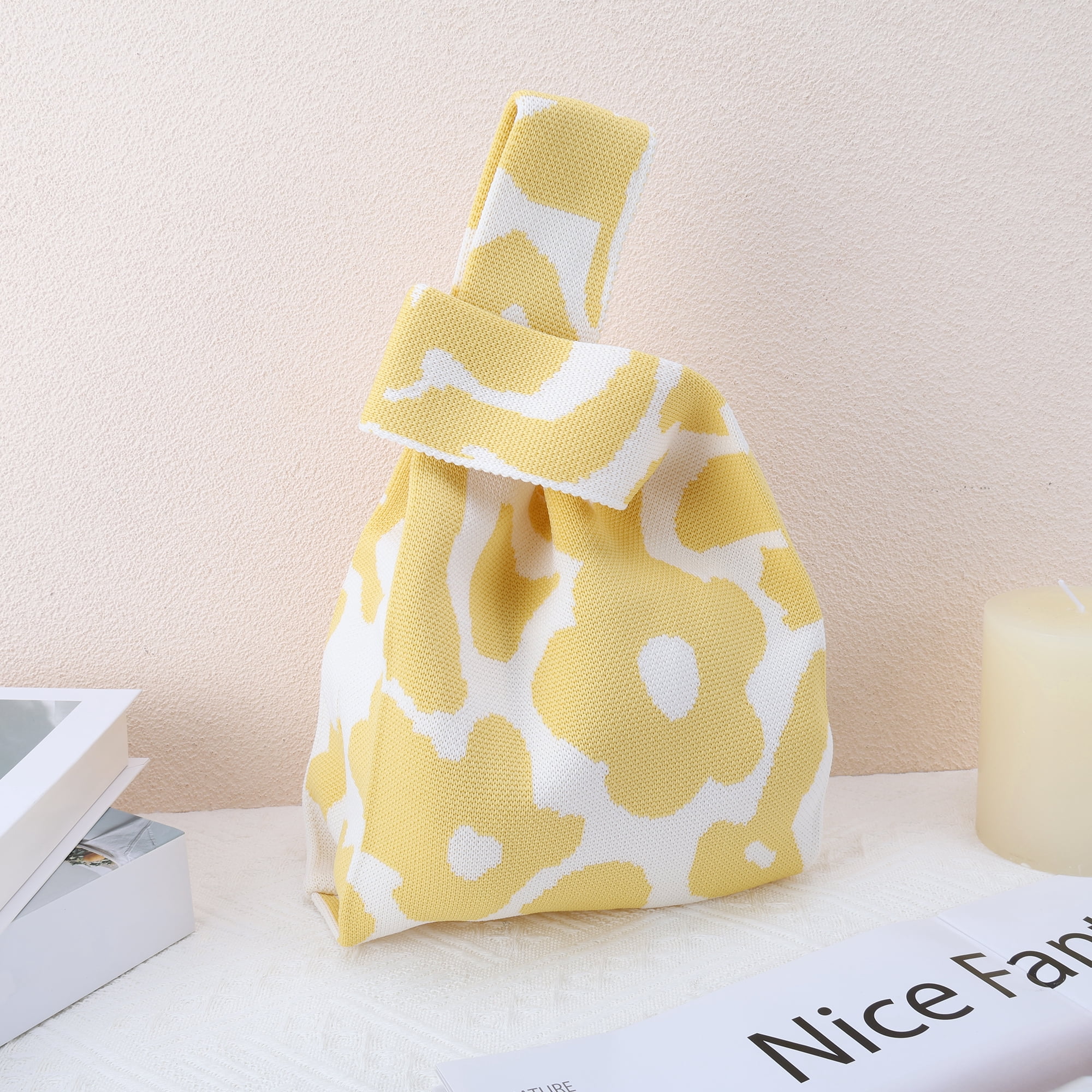 Unique Bargains Flower Knitted Wrist Bag Yellow 1 Pc