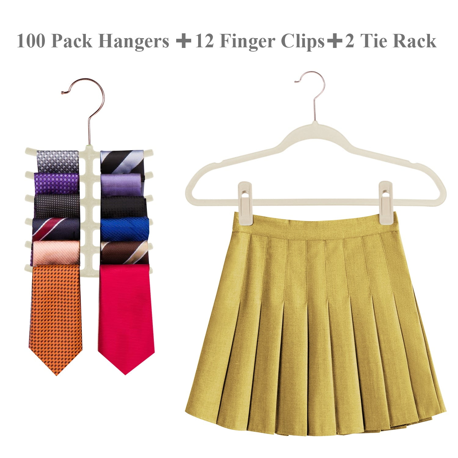 VECELO 100 Pack Velvet Non-Slip Heavy Duty Adult Hangers with 360° Swivel Hook, Ultra-Thin Space Saving Clothes Organizer for Coats Shirts Dresses Closet Storage-Beige